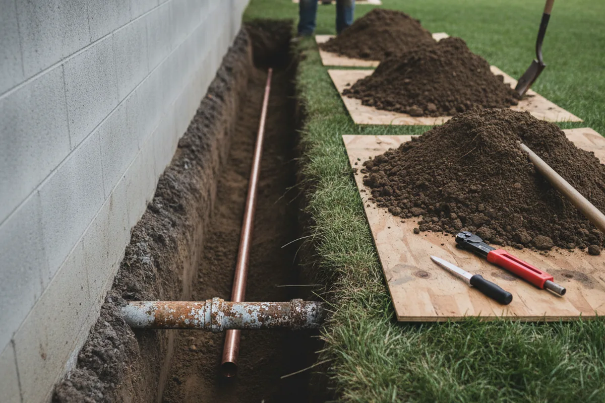 Excavated water line trench during Water Softener Installation in Penitas